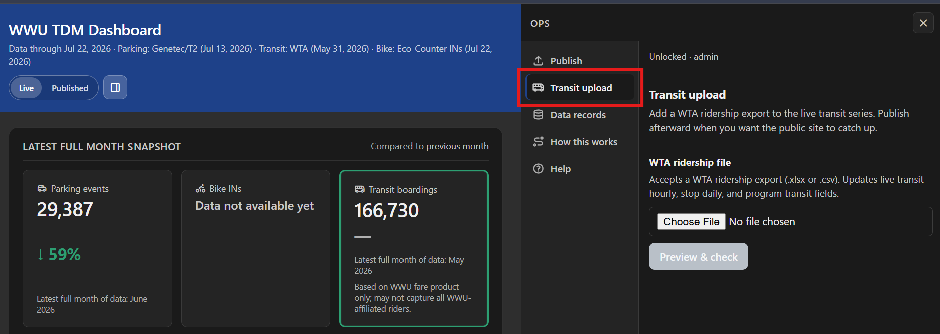 Transit upload tab in the ops panel